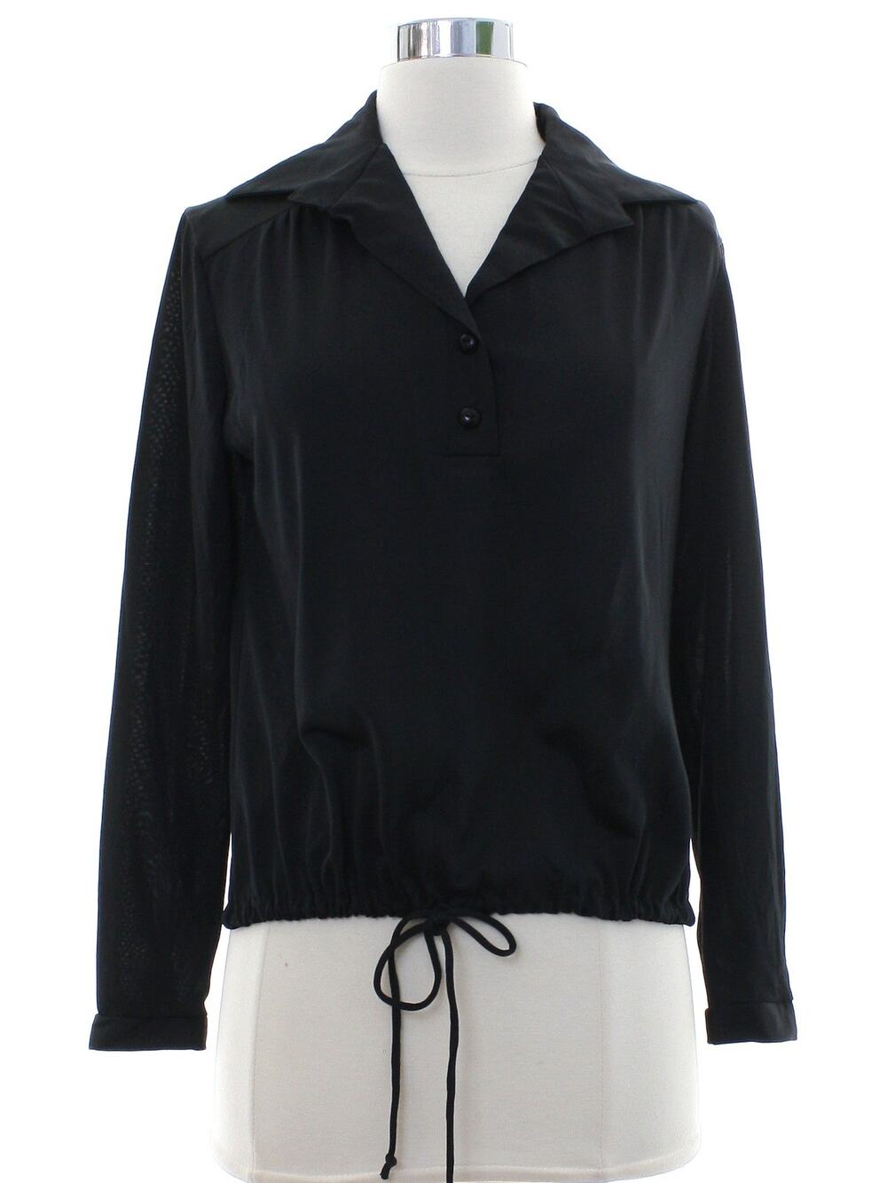 Vintage 90s Black Drawstring Hem Stretch Knit Blouse Women's Small